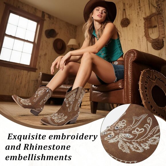 Women's Brown Embroidered Side Zipper Comfortable Chunky Heel Western Boot - Picture 3 of 6